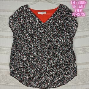 Lily White Black Mini Floral Print Top XL New Short Sleeve Blouse